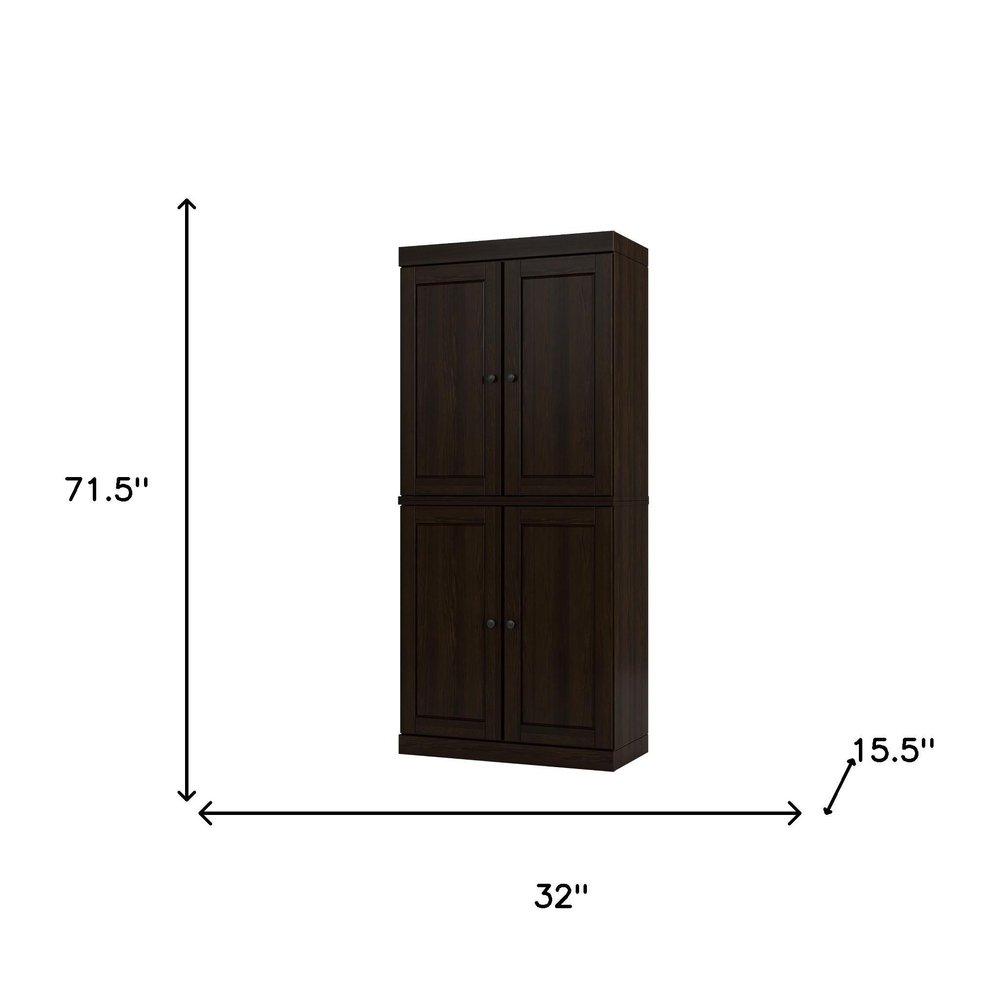 72" Espresso Solid Wood Four Door Two Drawer Pantry Or Storage Closet