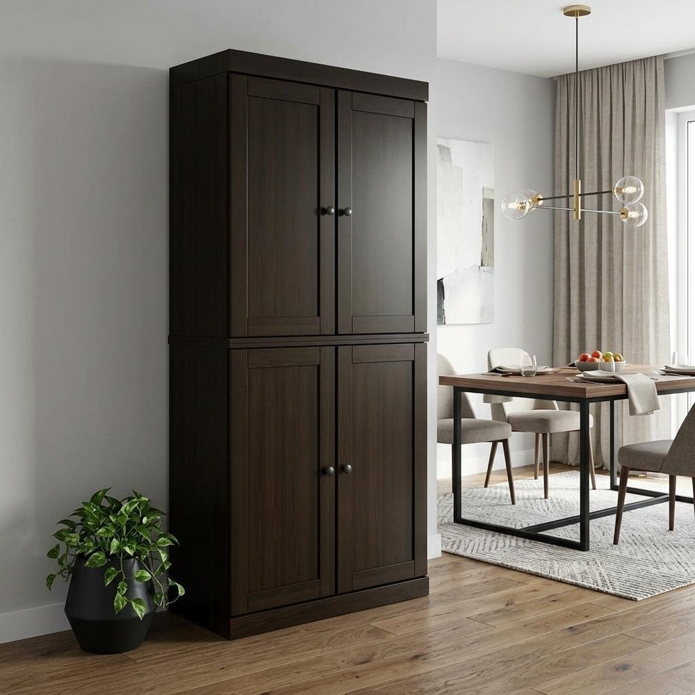 72" Espresso Solid Wood Four Door Pantry Or Storage Closet