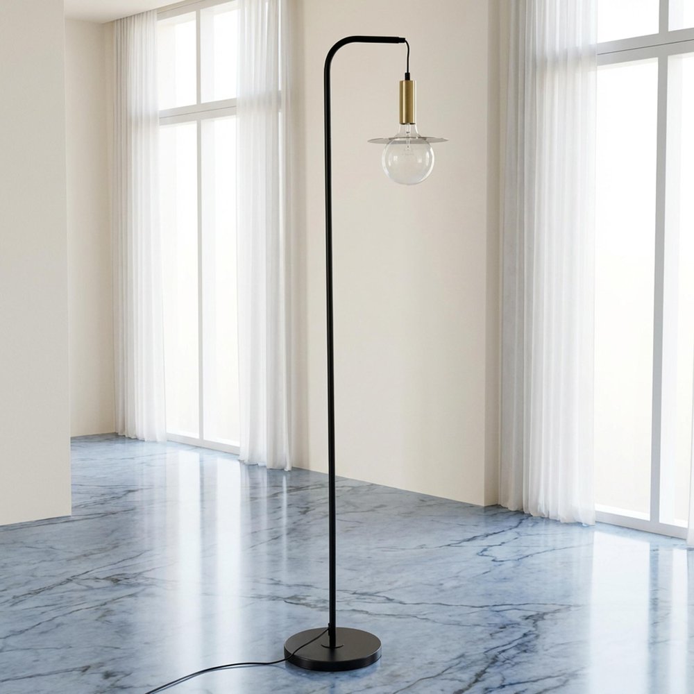 61" Black Metal Arched Floor Lamp With Black Linen Drum Shade