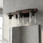 22" Brown Wood Metal And Glass Three Light Bath Bar Vanity Light