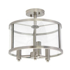 Silver Metal Three Light Drum Transparent and Glass Semi-Flush Ceiling Light With Clear Shades