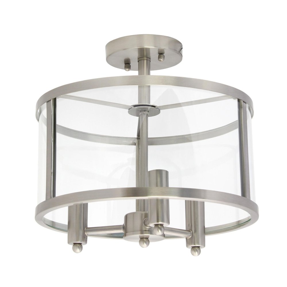 Silver Metal Three Light Drum Transparent and Glass Semi-Flush Ceiling Light With Clear Shades