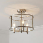 Silver Metal Three Light Drum Transparent and Glass Semi-Flush Ceiling Light With Clear Shades