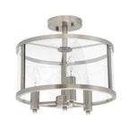 Silver Metal Three Light Drum Transparent and Glass Semi-Flush Ceiling Light With Clear Shades
