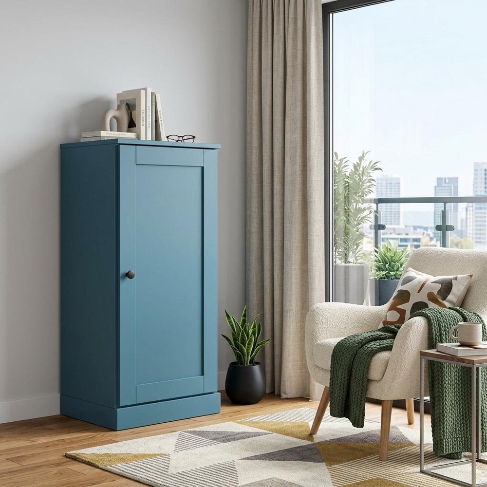 36" Teal Blue Solid Wood Adjustable Three Tier Library Bookcase with One Door