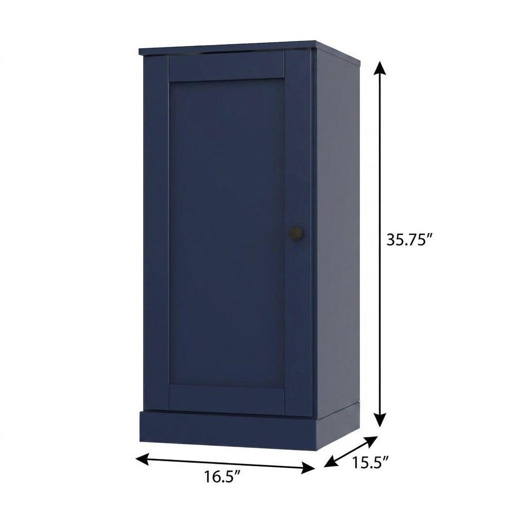 36" Navy Blue Solid Wood Adjustable Three Tier Library Bookcase with One Door
