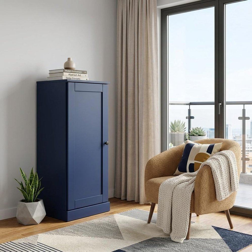 36" Navy Blue Solid Wood Adjustable Three Tier Library Bookcase with One Door