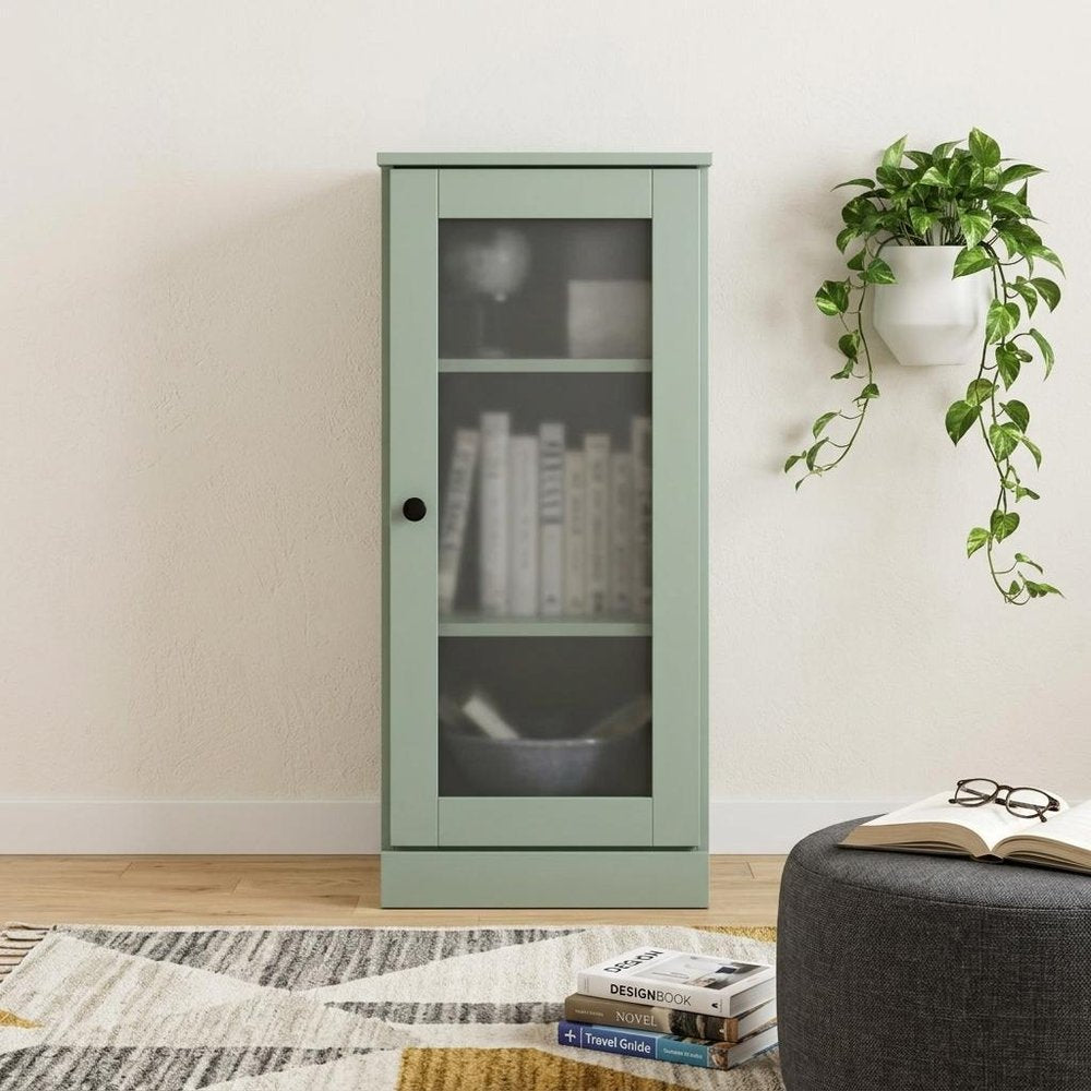 36" Sage Solid Wood Adjustable Three Tier Library Bookcase with One Door