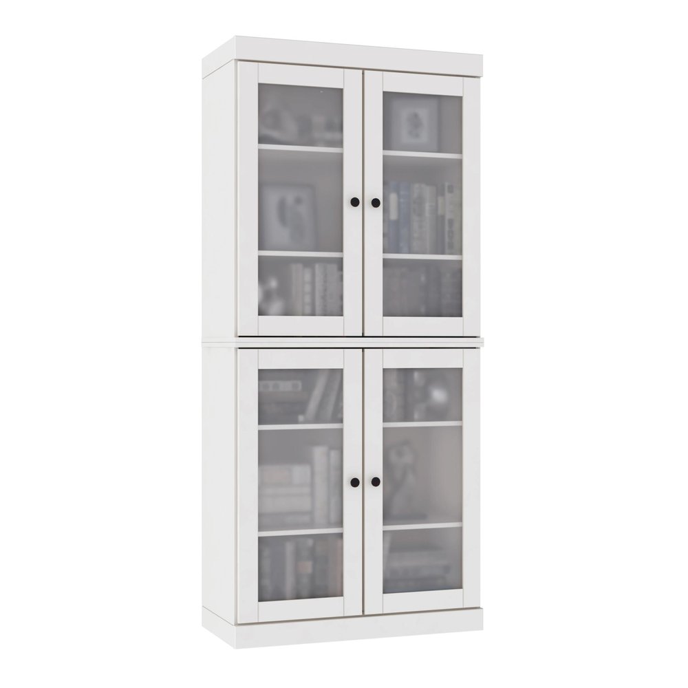 72" White Solid Wood Adjustable Six Tier Library Bookcase with Four Doors