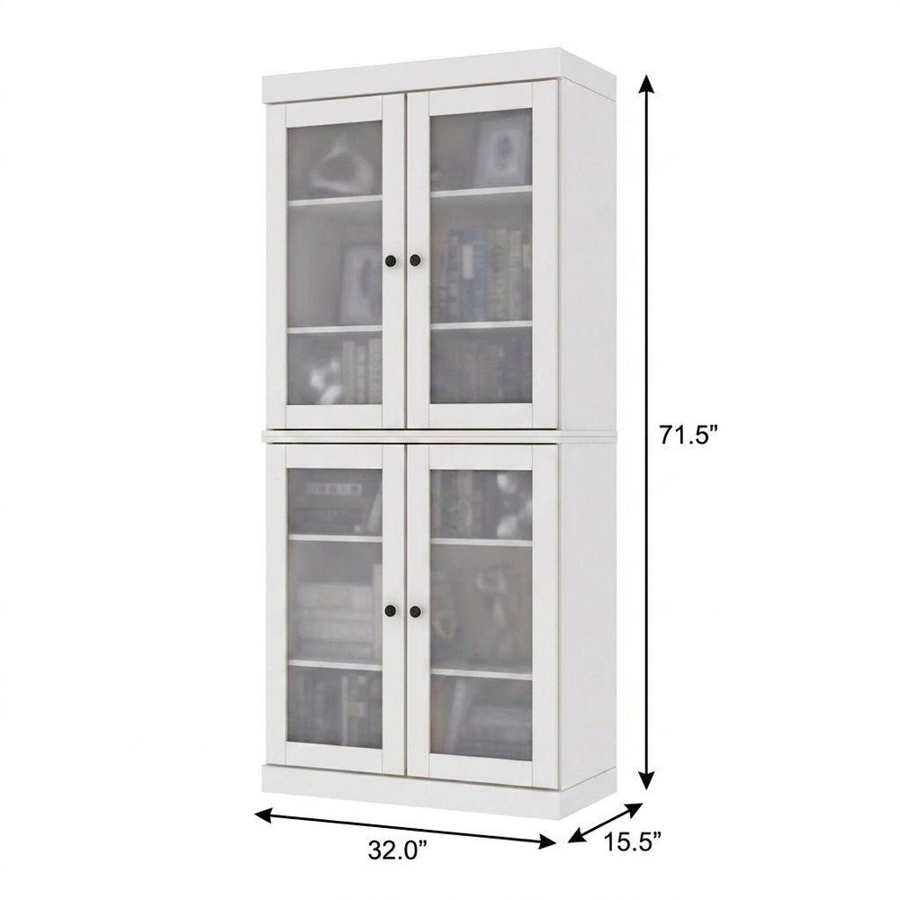 72" White Solid Wood Adjustable Six Tier Library Bookcase with Four Doors