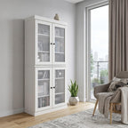 72" White Solid Wood Adjustable Six Tier Library Bookcase with Four Doors