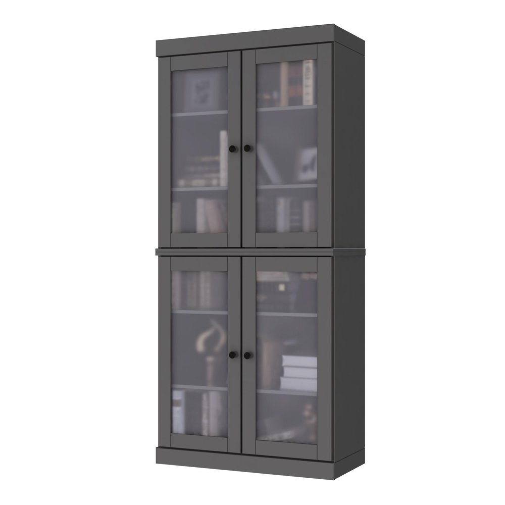 72" Gray Solid Wood Adjustable Six Tier Library Bookcase with Four Doors