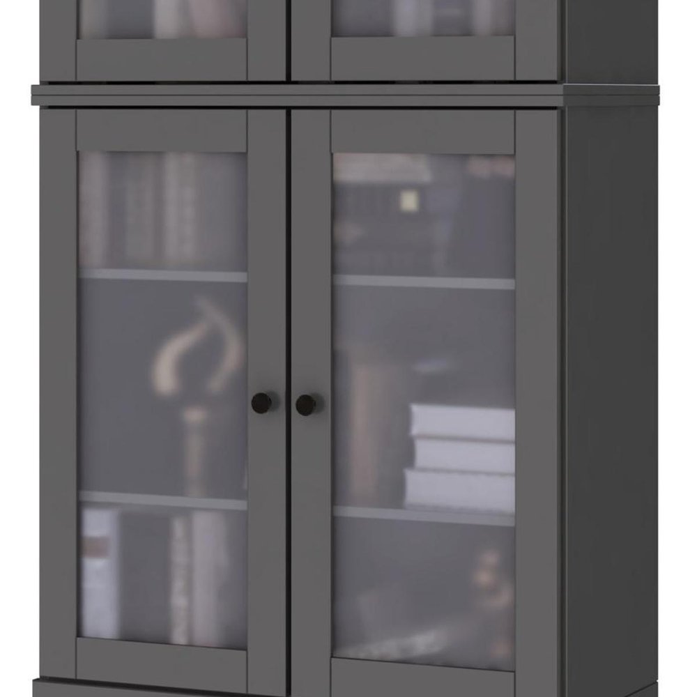 72" Gray Solid Wood Adjustable Six Tier Library Bookcase with Four Doors