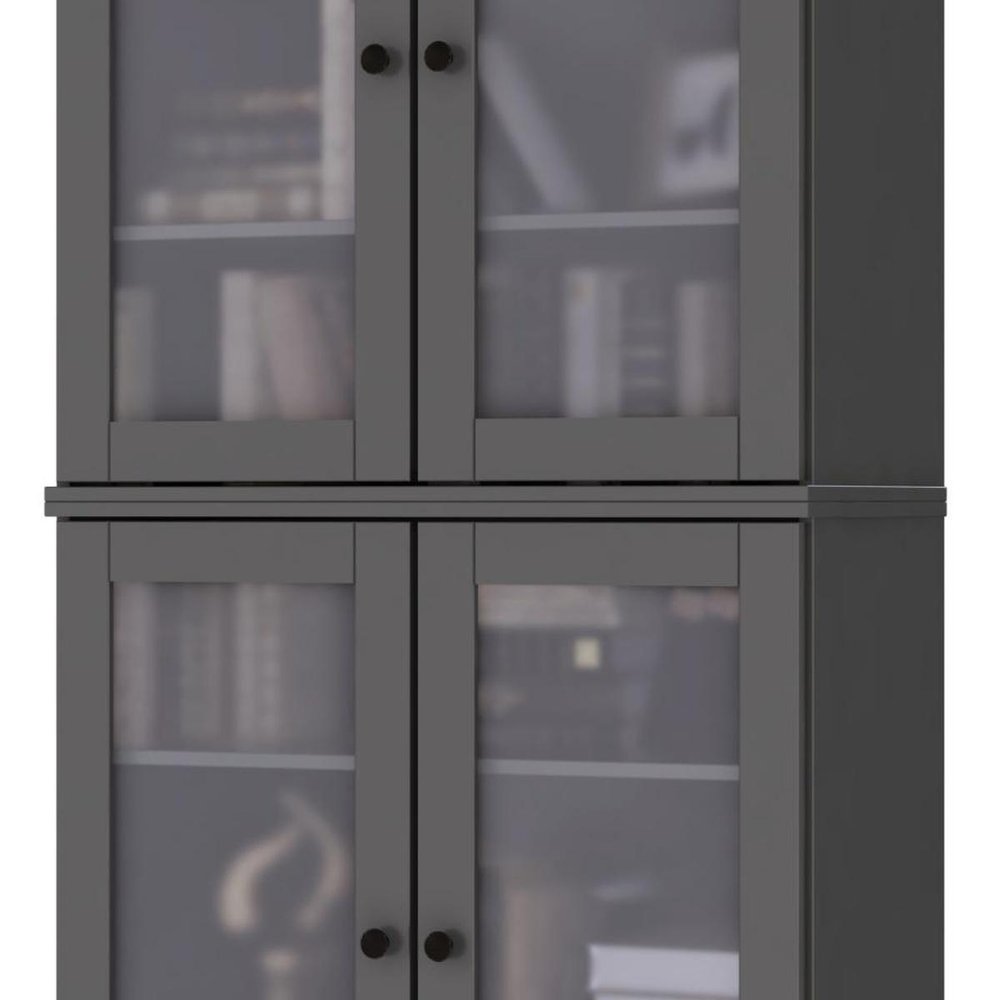 72" Gray Solid Wood Adjustable Six Tier Library Bookcase with Four Doors