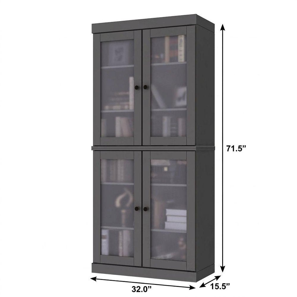 72" Gray Solid Wood Adjustable Six Tier Library Bookcase with Four Doors