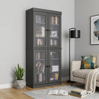 72" Gray Solid Wood Adjustable Six Tier Library Bookcase with Four Doors