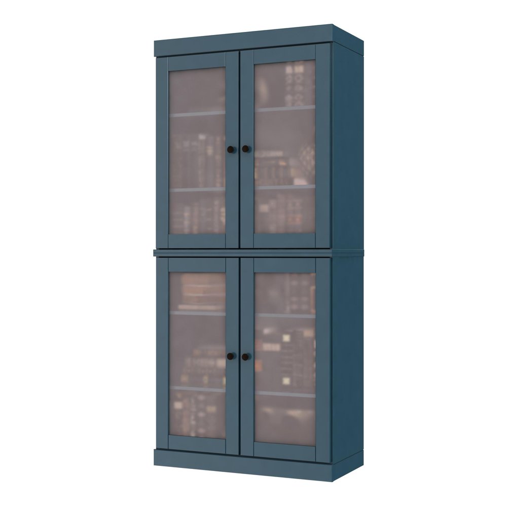 72" Teal Blue Solid Wood Adjustable Six Tier Library Bookcase with Four Doors