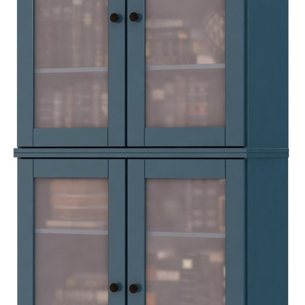 72" Teal Blue Solid Wood Adjustable Six Tier Library Bookcase with Four Doors