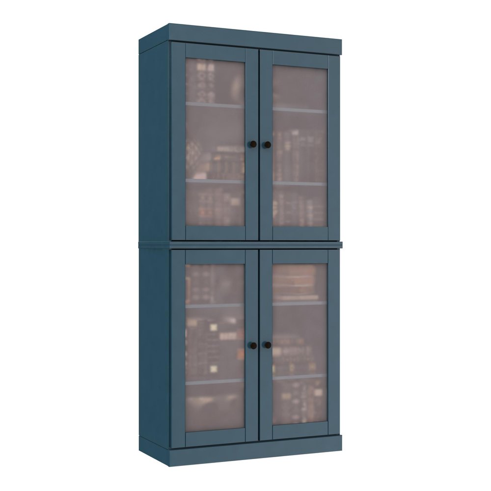 72" Teal Blue Solid Wood Adjustable Six Tier Library Bookcase with Four Doors