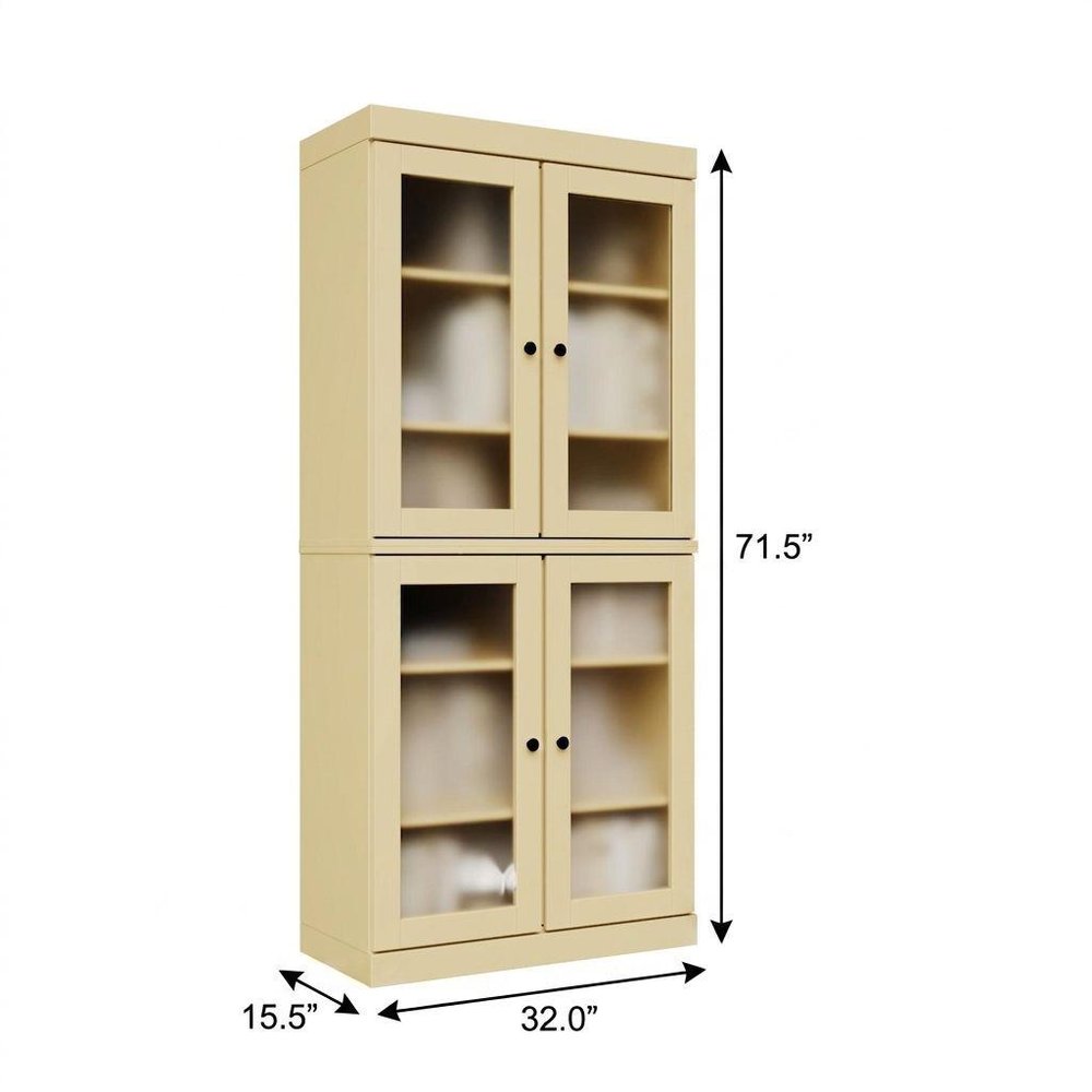 72" Yellow Solid Wood Adjustable Six Tier Library Bookcase with Four Doors