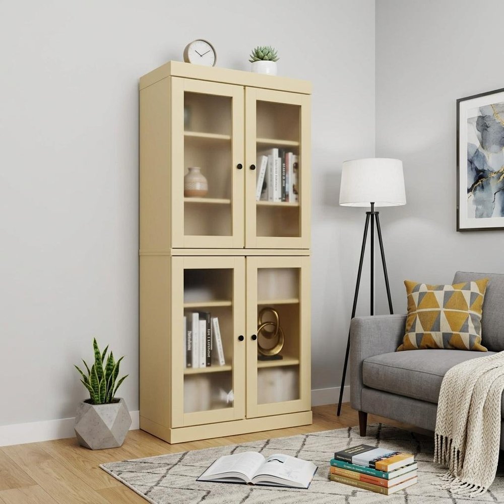 72" Yellow Solid Wood Adjustable Six Tier Library Bookcase with Four Doors