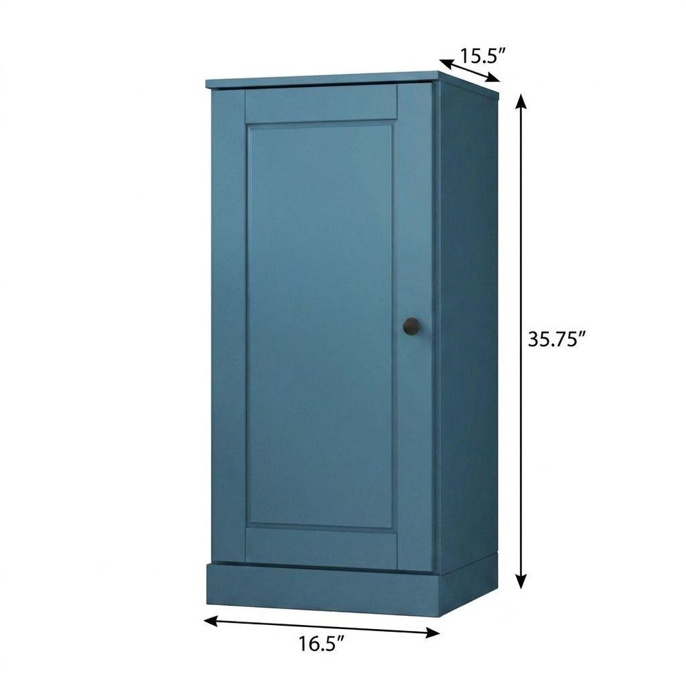 36" Teal Blue Solid Wood Adjustable Three Tier Library Bookcase with One Door