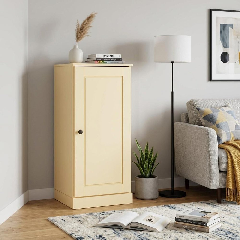 36" Yellow Solid Wood Adjustable Three Tier Library Bookcase with One Door
