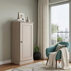 36" Beige Solid Wood Adjustable Three Tier Library Bookcase with One Door