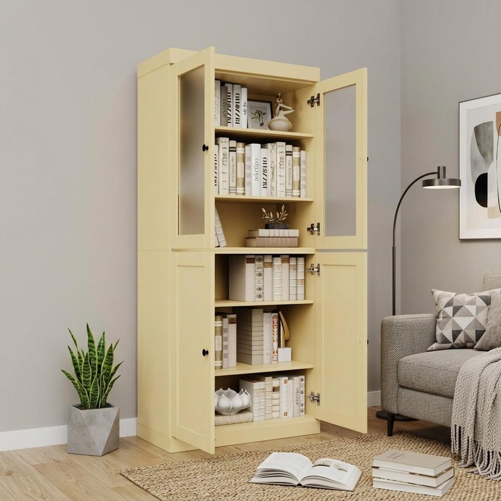 72" Yellow Solid Wood Adjustable Six Tier Library Bookcase with Four Doors