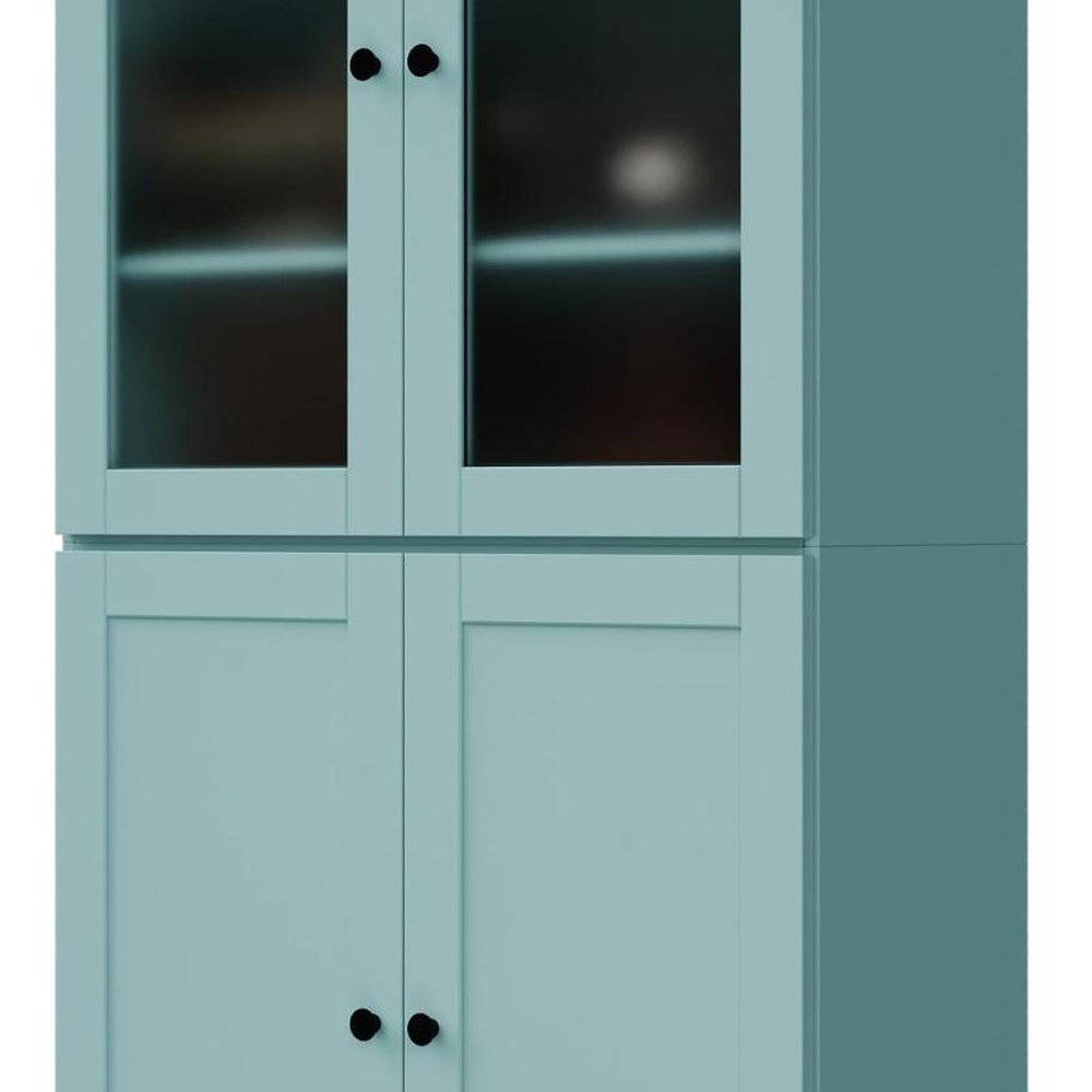 72" Aqua Solid Wood Adjustable Six Tier Library Bookcase with Four Doors