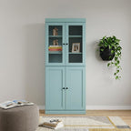 72" Aqua Solid Wood Adjustable Six Tier Library Bookcase with Four Doors