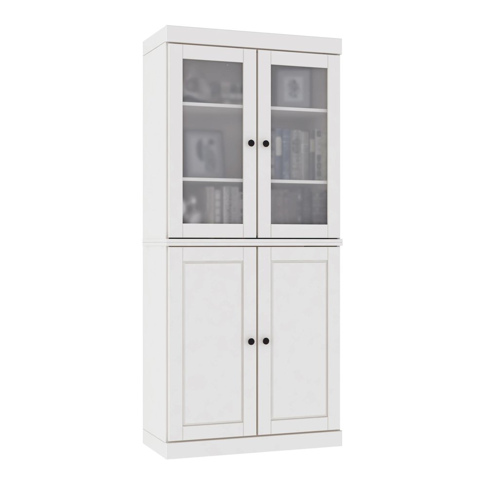 72" White Solid Wood Adjustable Six Tier Library Bookcase with Four Doors