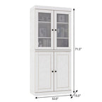 72" White Solid Wood Adjustable Six Tier Library Bookcase with Four Doors