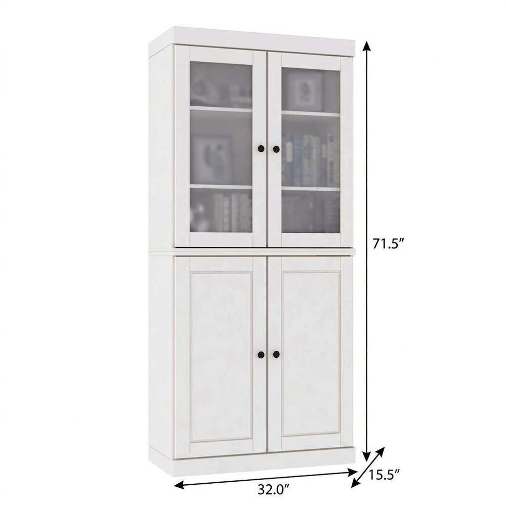 72" White Solid Wood Adjustable Six Tier Library Bookcase with Four Doors