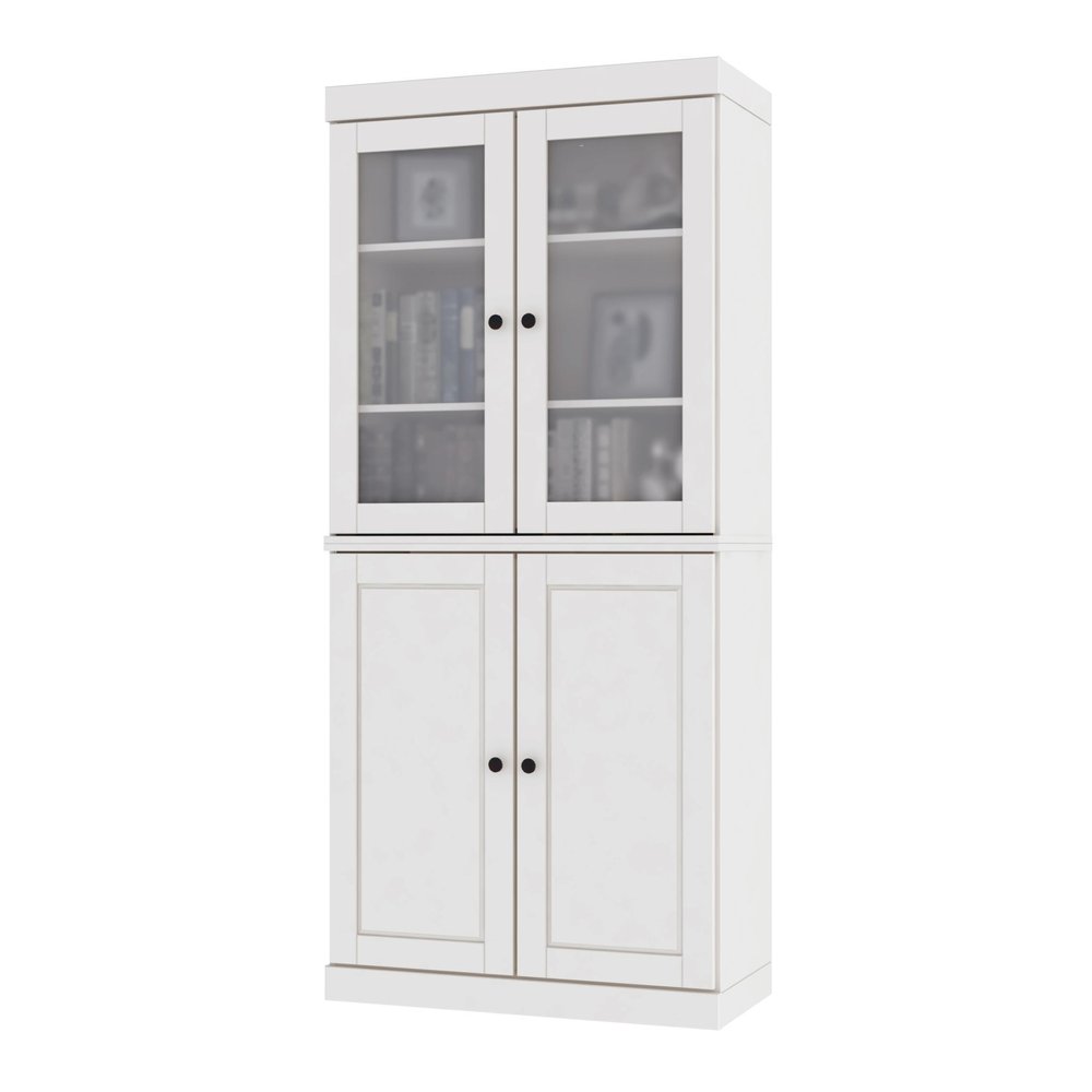 72" White Solid Wood Adjustable Six Tier Library Bookcase with Four Doors