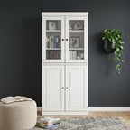 72" White Solid Wood Adjustable Six Tier Library Bookcase with Four Doors