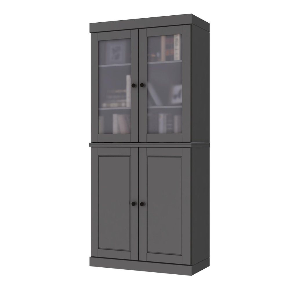 72" Gray Solid Wood Adjustable Six Tier Library Bookcase with Four Doors