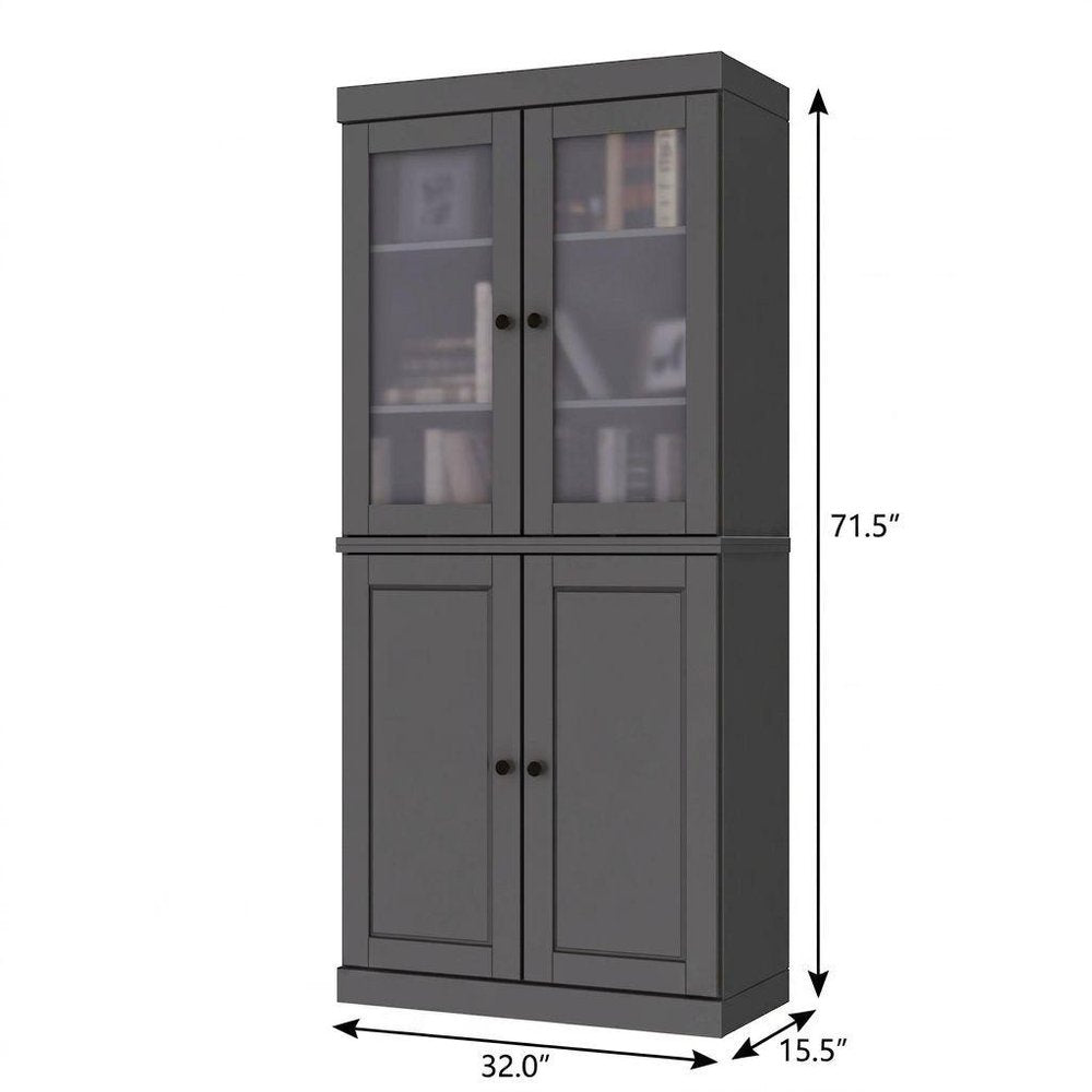 72" Gray Solid Wood Adjustable Six Tier Library Bookcase with Four Doors
