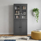 72" Gray Solid Wood Adjustable Six Tier Library Bookcase with Four Doors
