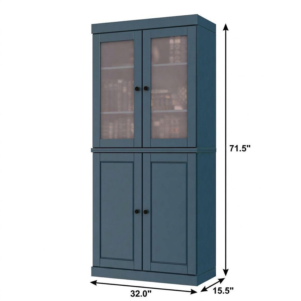 72" Teal Blue Solid Wood Adjustable Six Tier Library Bookcase with Four Doors