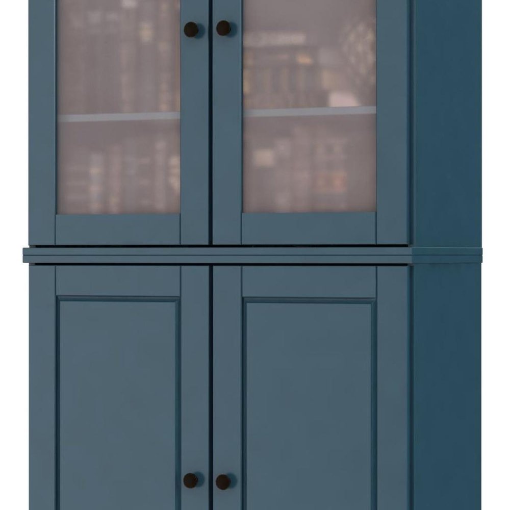 72" Teal Blue Solid Wood Adjustable Six Tier Library Bookcase with Four Doors