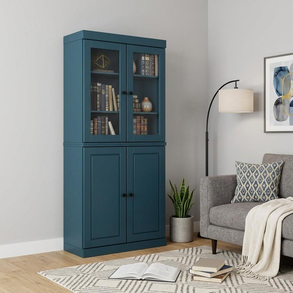 72" Teal Blue Solid Wood Adjustable Six Tier Library Bookcase with Four Doors