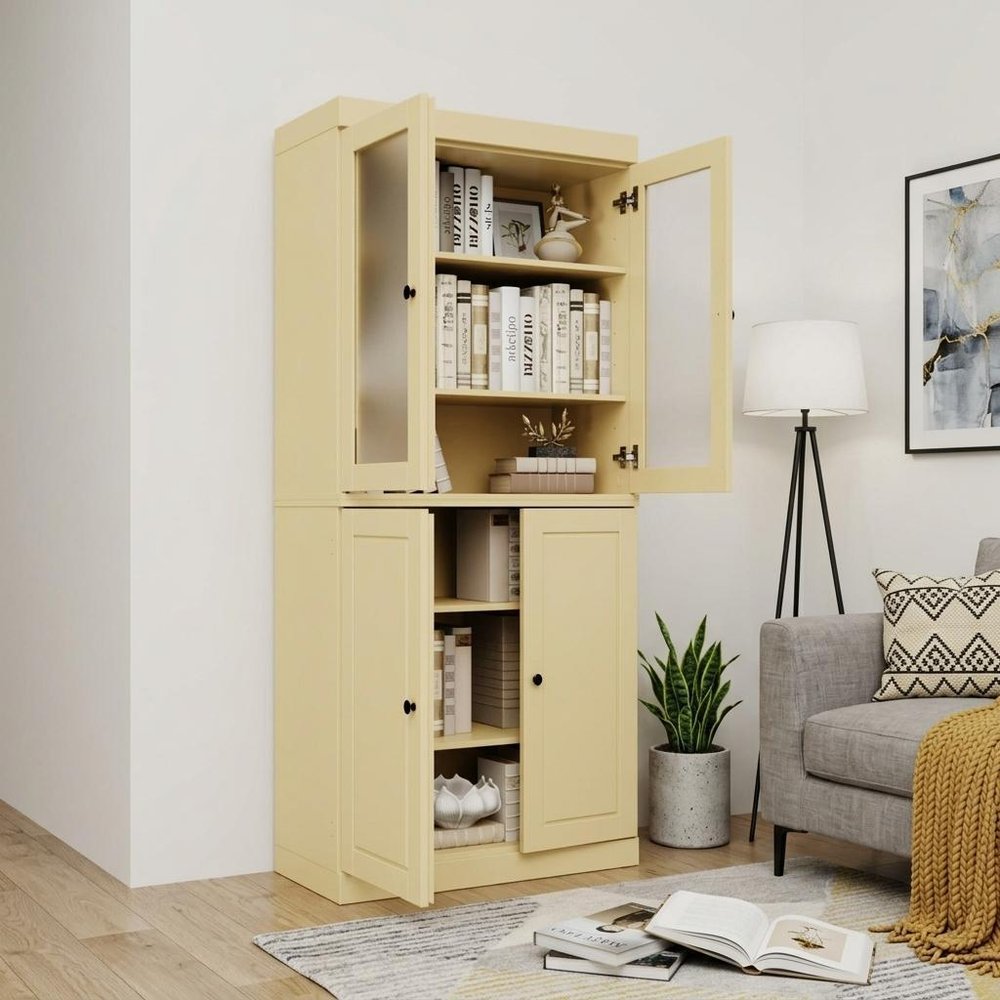 72" Yellow Solid Wood Adjustable Six Tier Library Bookcase with Four Doors