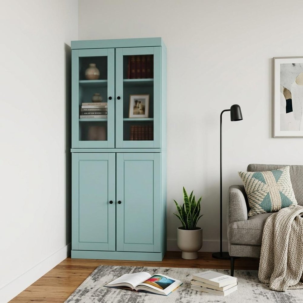72" Aqua Solid Wood Adjustable Six Tier Library Bookcase with Four Doors