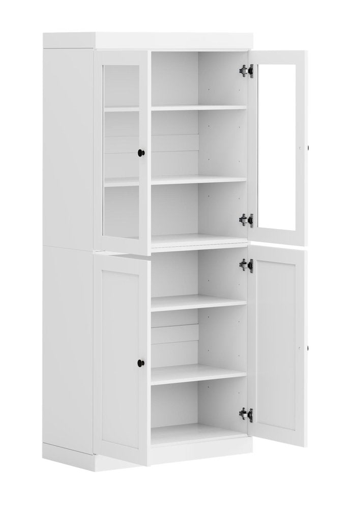 72" White Solid Wood Adjustable Six Tier Library Bookcase with Four Doors