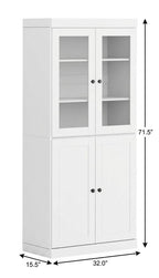 72" White Solid Wood Adjustable Six Tier Library Bookcase with Four Doors