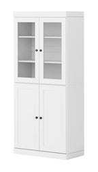 72" White Solid Wood Adjustable Six Tier Library Bookcase with Four Doors