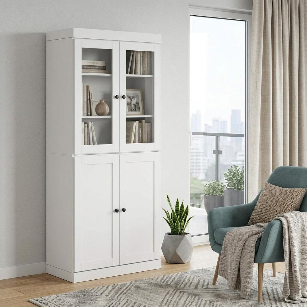 72" White Solid Wood Adjustable Six Tier Library Bookcase with Four Doors