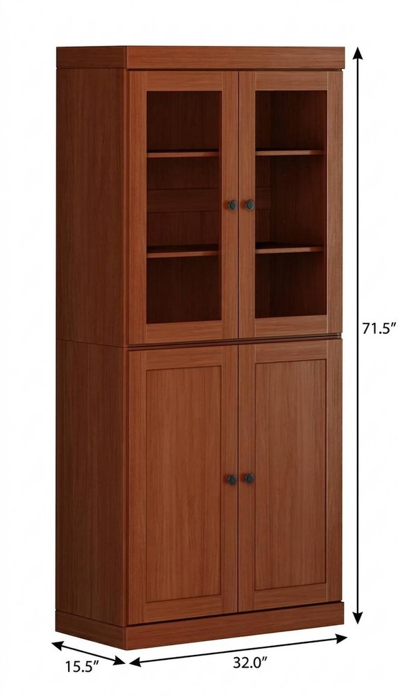 72" Coffee Solid Wood Adjustable Six Tier Library Bookcase with Four Doors