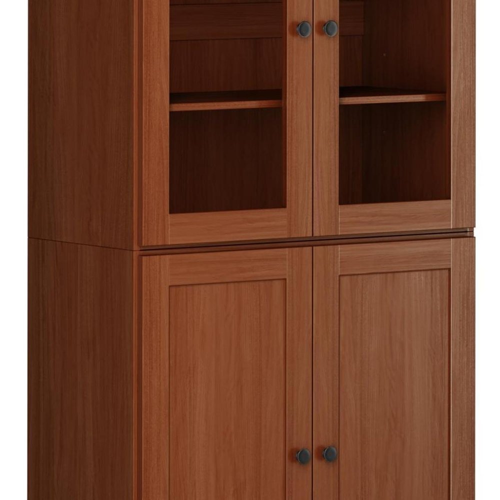 72" Coffee Solid Wood Adjustable Six Tier Library Bookcase with Four Doors